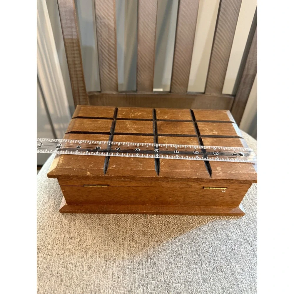 Vintage Japan Wooden Jewelry Box Red Velvet Lined Grid Carved Lid Mid Century